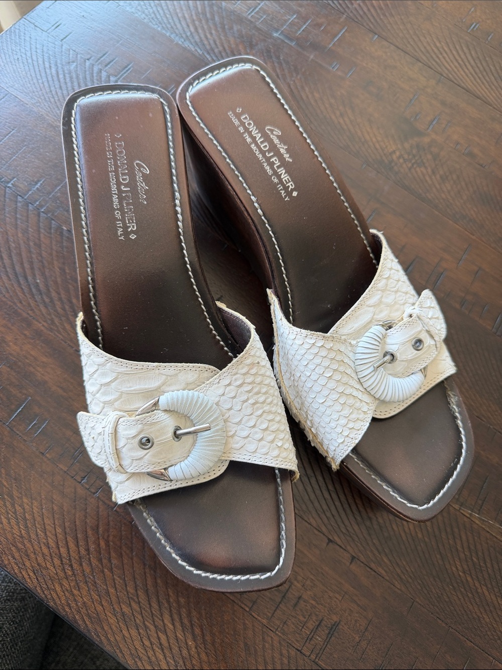 Donald J. Pliner Cream Textured Buckle Wedge Mules